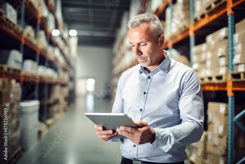 Warehouse manager with tablet standing in a warehouse.