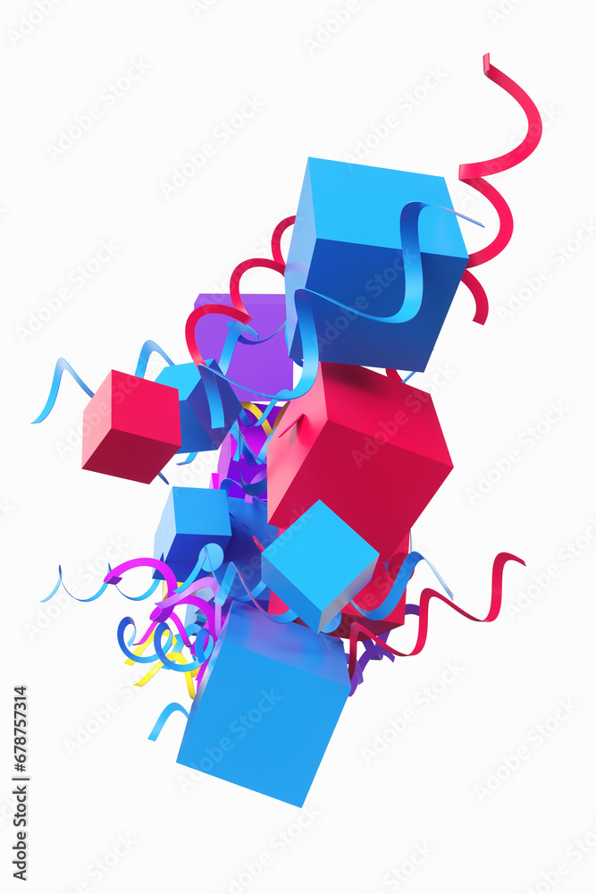 Close-up of abstract holiday confetti with cube shape on white background. 3d rendering illustration Close-up of abstract holiday confetti with cube shape on white background. 3d rendering illustration