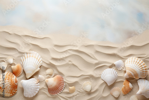 Seashells on the sandy beach. Summer vacation concept.