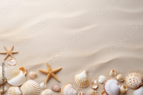 Seashells on the sandy beach. Summer vacation concept.
