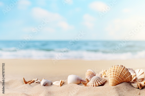 Seashells on the sandy beach. Summer vacation concept. © Kitta
