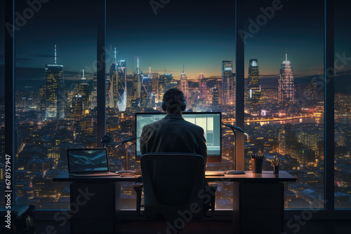 Businessman working on computer monitors in office at night with city view