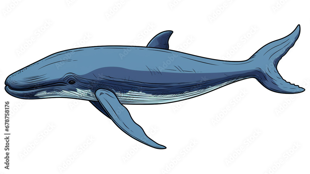 Obraz premium Blue Whale cartoon natural colors, black outline on white background