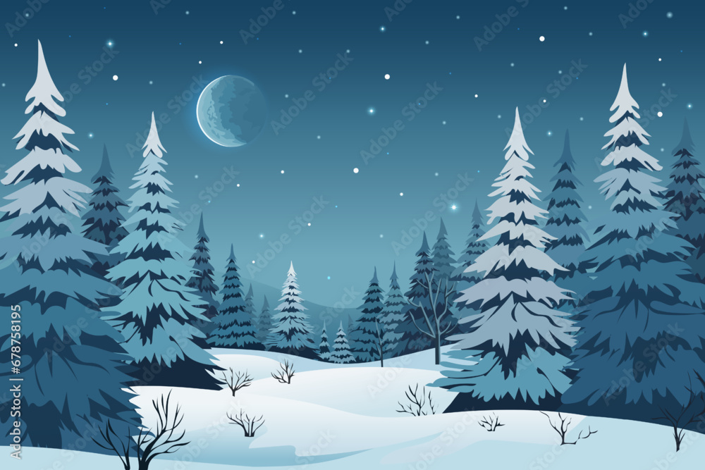 Christmas night. Beautiful night landscape of a winter forest, snow-covered trees, a stunning moon and an amazing starry sky. Christmas Eve. New Year design for poster, card, banner, cover.