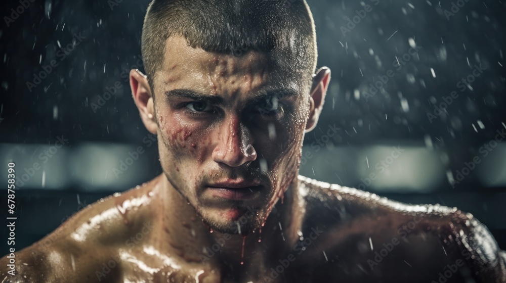 Fototapeta premium boxer in the ring, sweat and determination visible on their face generative ai