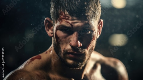 boxer in the ring, sweat and determination visible on their face generative ai © ThisDesign