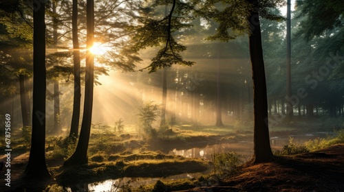  the sun shines through the trees in a forest with a pond in the foreground and grass in the foreground  with a pond in the foreground  in the foreground of the foreground is a.