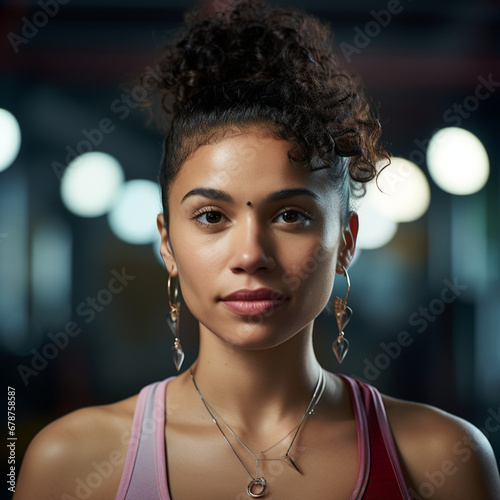 a cinematic close up view of a young, average-looking womans face while exercising in a colorful gym, wearing subtle stud earrings and a small chain necklace