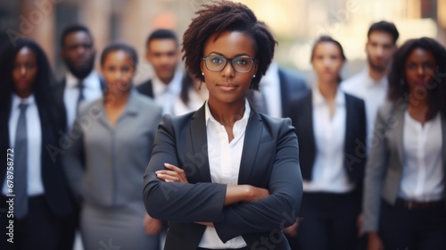 Young african American businesswoman standing in front of team of business people working in the office looking camera, executive manager female Afro hair wearing formal suit arm crossed confident photo