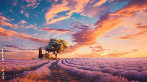  a painting of a lavender field at sunset with a lone tree in the foreground and a house in the middle of the field with lavenders in the foreground.