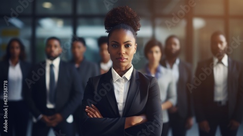 Young african American businesswoman standing in front of team of business people working in the office looking camera, executive manager female Afro hair wearing formal suit arm crossed confident