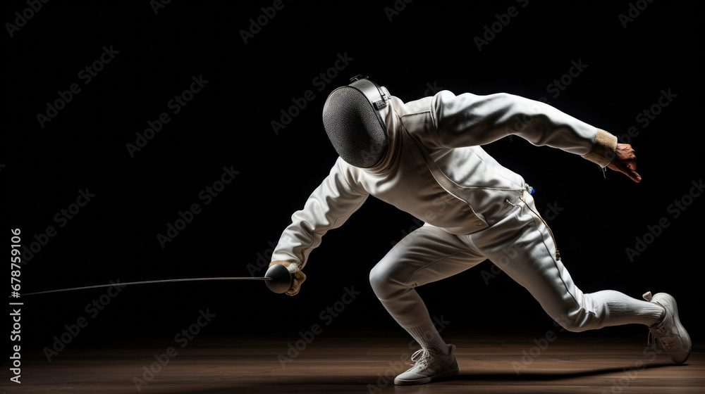 fencer in a lunge, intense concentration in their eyes generative ai