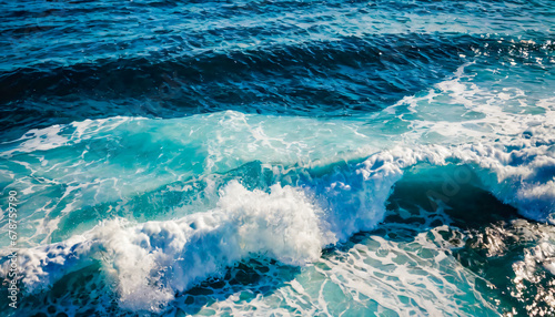 Tropical ocean wave background. Blue water surface with foam.
