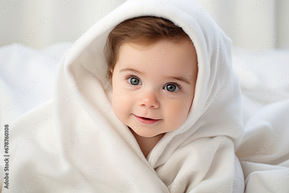 Portrait of a cute little girl wrapped in a white blanket, Portrait of a cute baby under a white blanket on a light background, AI Generated Portrait of a cute little girl wrapped in a white blanket, Portrait of a cute baby under a white blanket on a light background, AI Generated