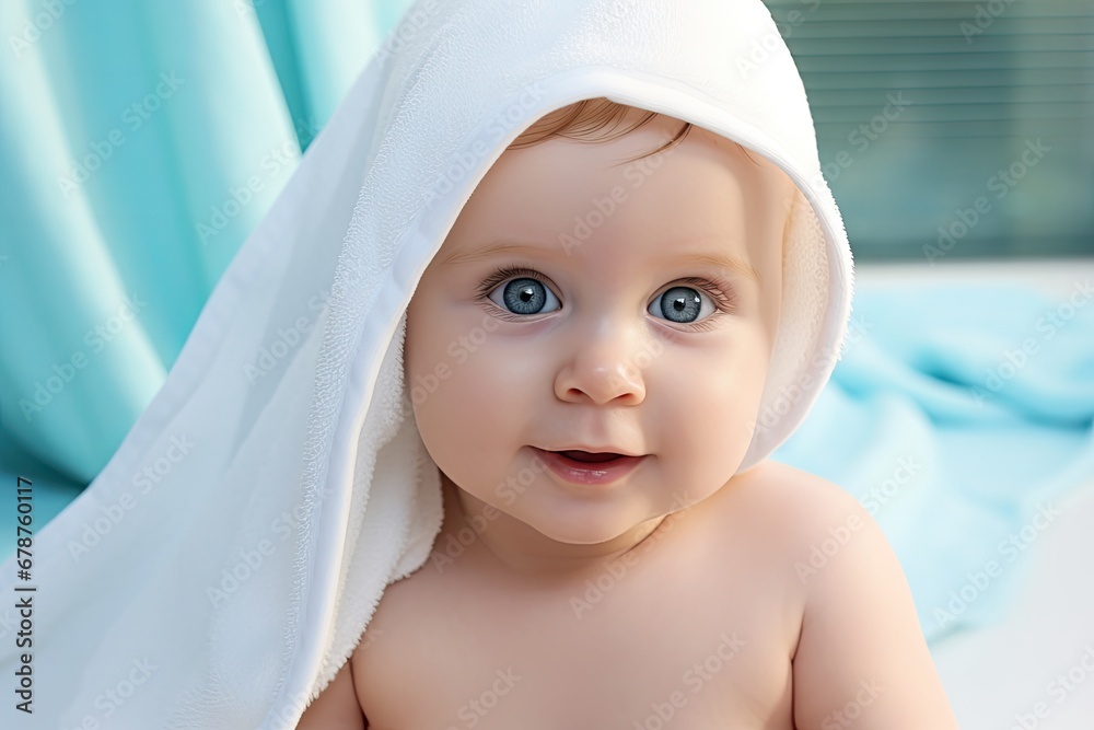 portrait of a cute baby with blue eyes and a white towel on his head, Portrait of adorable baby with blue eyes in towel after bath, AI Generated portrait of a cute baby with blue eyes and a white towel on his head, Portrait of adorable baby with blue eyes in towel after bath, AI Generated