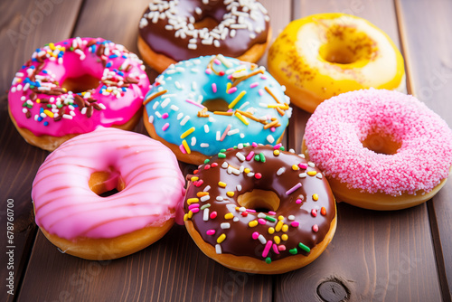 Closeup view of glazed donuts on table. Generative AI