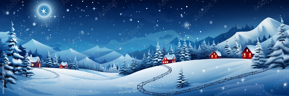 Panorama of winter evening forest. Banner or mockup. Congratulatory, New Year or Christmas landscape background. Panorama of winter evening forest. Banner or mockup. Congratulatory, New Year or Christmas landscape background.