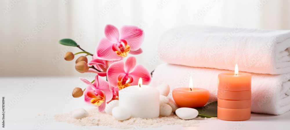 Spa composition on massage table in wellness center, spa lotions and oils, Spa salon, spa therapy, Spa treatment