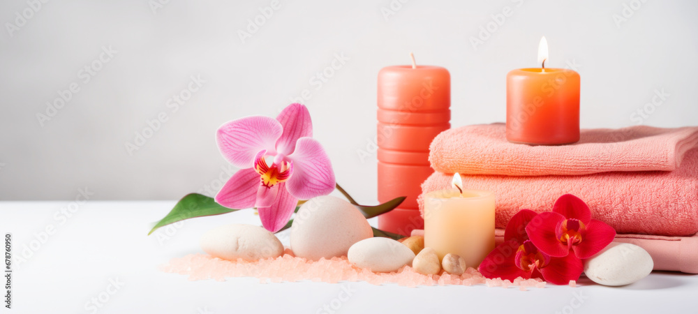 Spa composition on massage table in wellness center, spa lotions and oils, Spa salon, spa therapy, Spa treatment Spa composition on massage table in wellness center, spa lotions and oils, Spa salon, spa therapy, Spa treatment