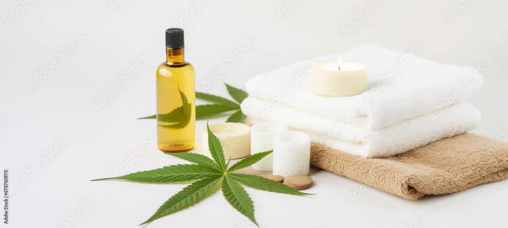 Spa composition on massage table in wellness center, serene cannabis spa lotions and oils, Spa salon, spa therapy, beauty, Spa treatment