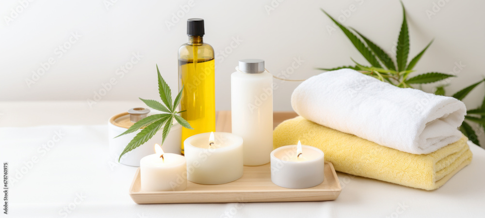 Spa composition on massage table in wellness center, serene cannabis spa lotions and oils, Spa salon, spa therapy, beauty, Spa treatment