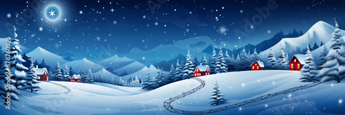 Panorama of winter evening forest. Banner or mockup. Congratulatory, New Year or Christmas landscape background.
