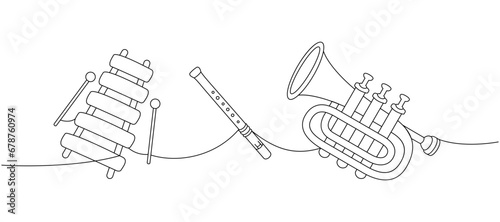 Various musical instruments one line continuous drawing. Wooden xylophone, flute, trumpet continuous one line illustration. Vector linear illustration