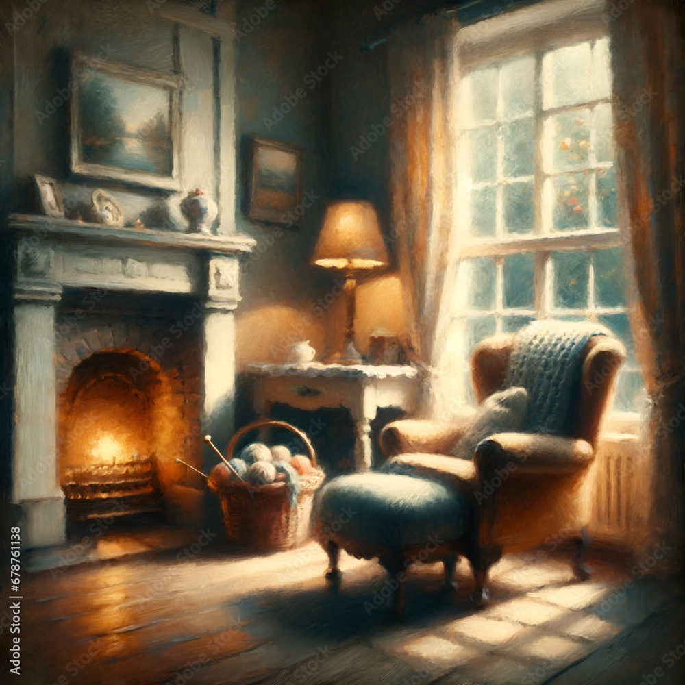 Fototapeta premium Cozy traditional living room with lit fireplace, armchair, basket of knitting tools, table, lamp, and window.