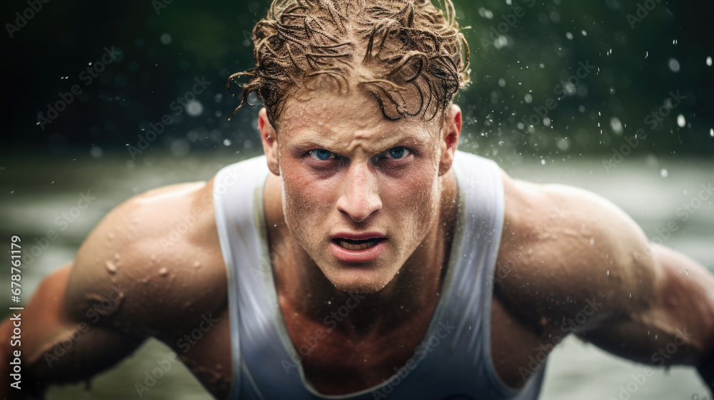 rower in a race, sweat and determination visible on their face generative ai