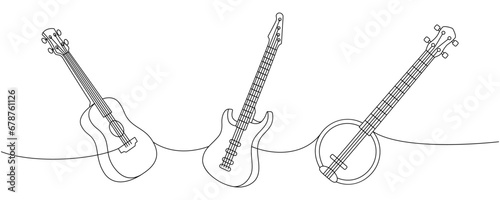 String musical instruments one line continuous drawing. Acoustic guitar, electric bass guitar, american banjo continuous one line illustration.