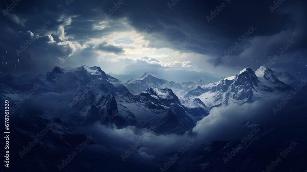 Fototapeta premium The evening sky is adorned with dramatic clouds above the snow-covered peaks..
