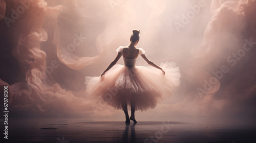 A mesmerizing slow-mo snap showcasing supple ballet dancers executing a pas de deux with a dreamy backdrop of pastel shades and gorgeous stage lighting. photo