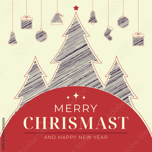 Merry Christmas and Happy New Year cards. with a Christmas tree and line art style