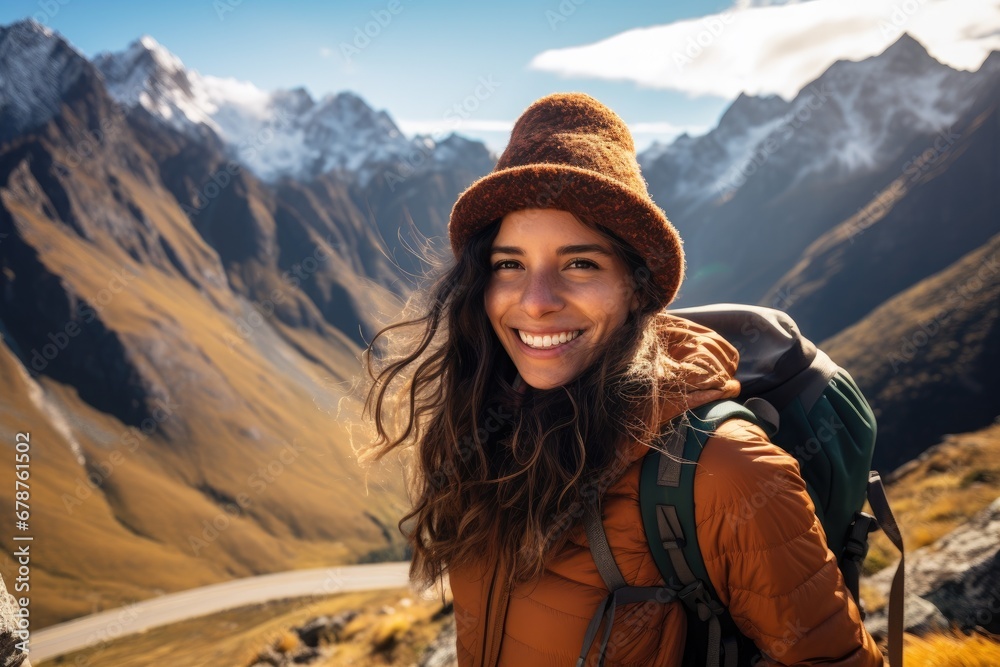 Hiking woman with backpack in Cordillera Blanca, Peru, rear view Backpacker woman feeling freedom in a spectacular mountains landscape near Machu Picchu in Peru, AI Generated