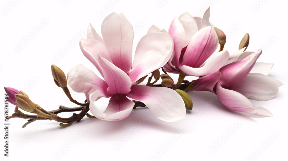An elegant magnolia arrangment in solitary splendor against a white backdrop.