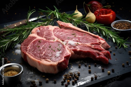 Raw T-bone steak with rosemary and spices on black background, Raw Tbone Steak with fresh herbs on the pan, AI Generated