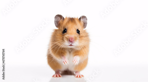 A cute Roborovski hamster stands sideways, isolated against a white backdrop.
