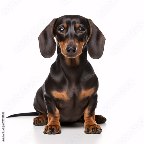 A Dachshund, seated solitarily on a pristine white surface, is pictured.