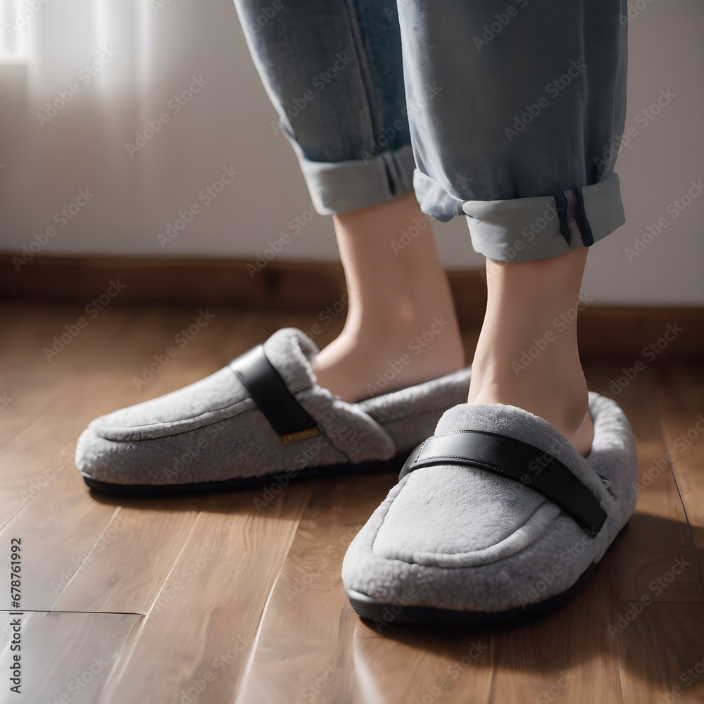 Comfortable home slippers on the wooden floor Comfortable home slippers on the wooden floor