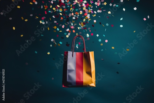 One colouful shopping paper bag on confetti background. photo