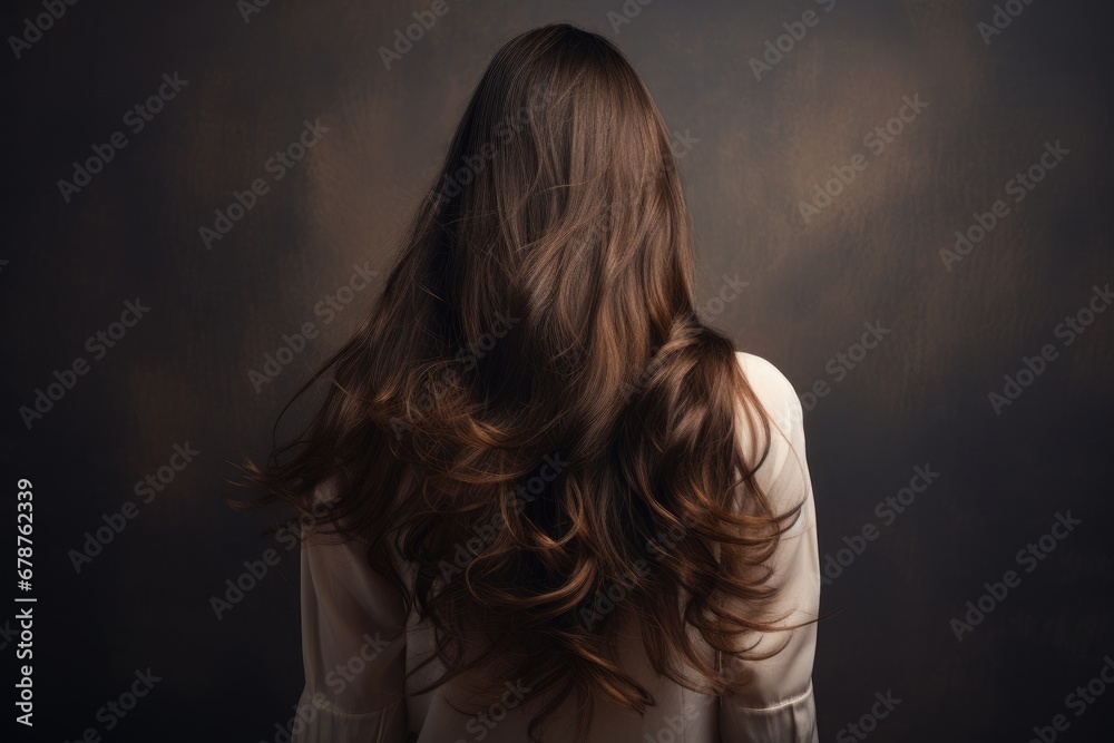 Young woman with long curly hair on dark background. Back view, rear view of a Beautiful young woman with long hair. back view of a girl with flying hair, AI Generated - obrazy, fototapety, plakaty 