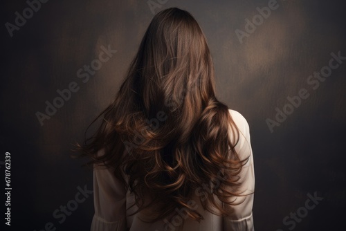 Young woman with long curly hair on dark background. Back view, rear view of a Beautiful young woman with long hair. back view of a girl with flying hair, AI Generated photo