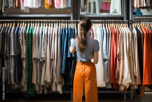 Rear view of young woman choosing clothes in the clothing store, rear view of a personal shopper selecting clothing for a client, AI Generated