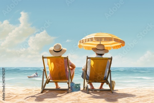 Couple sittingchairs on the beach with blue sky background, rear view of a Retired traveling couple resting together on sun loungers during beach, AI Generated