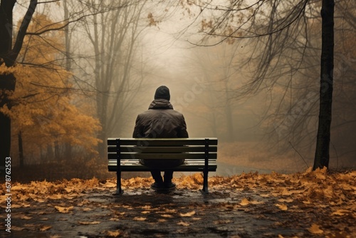A man sitting on a bench in a foggy autumn park, rear view of a solitary person sitting on a bench in an autumn park with trees and bad weather, AI Generated
