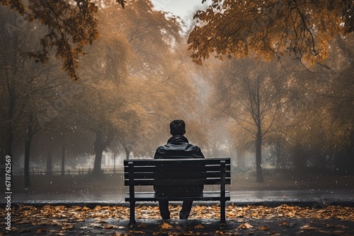 Man sitting on a bench in a park in the rain with foggy background, rear view of a solitary person sitting on a bench in an autumn park with trees and bad weather, AI Generated