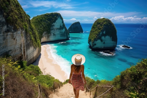 Woman with hat on the island of Phi Phi, Krabi, Thailand, rear view of a Woman walking at Kelingking Beach in Nusa penida island, Bali, Indonesia, AI Generated photo