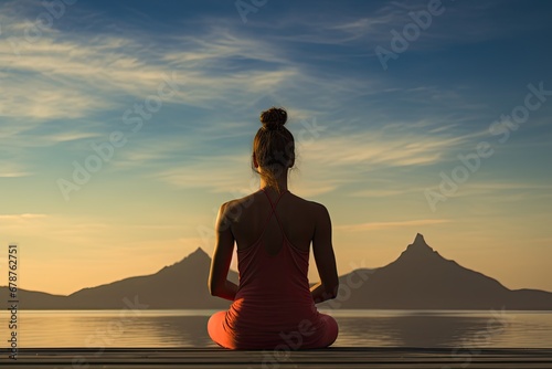 Woman practicing yoga on a lake at sunset. Mountain in the background, rear view of a women yoga exercise and pose for a healthy life, AI Generated