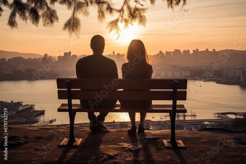 Silhouette of couple sitting on bench and looking at the sunset, rear view of a Young couple in love sitting on a bench against sunrise with a city view, AI Generated