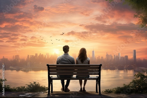 Back view of young couple sitting on bench and looking at city at sunset, rear view of a Young couple in love sitting on a bench against sunrise with a city view, AI Generated